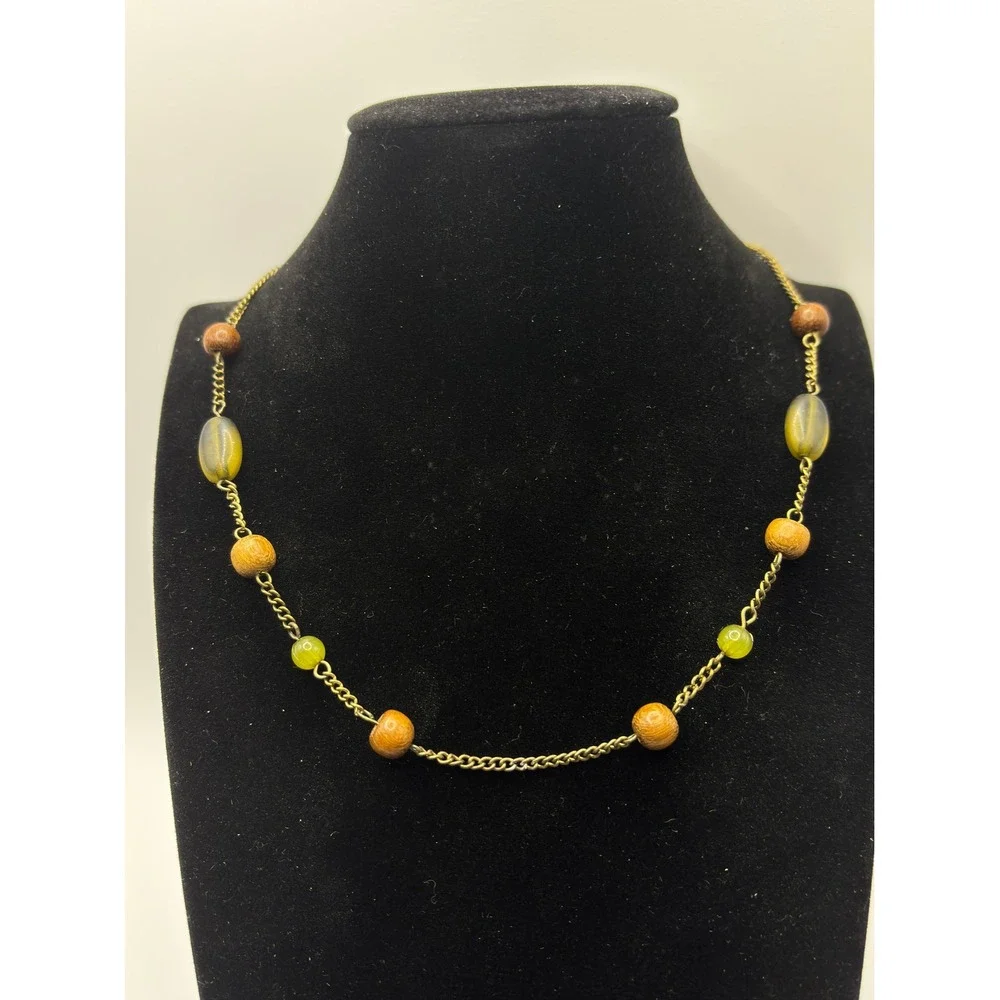 Sonoma Life + Style Green Genuine Stone and Wood Bead Brass Tone Necklace 15